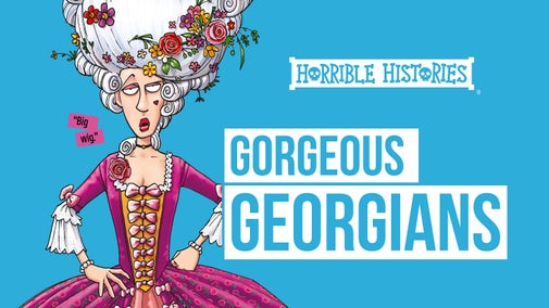 Illustration of a lady from Horrible Histories' Gorgeous Georgians, dressed in a pink dress and a towering white wig decorated with flowers.